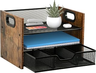 Organizador de mesa de madeira – Organizador de arquivos de mesa de 3 camadas com gaveta, bandeja de papel de madeira, organizador de mesa de escritório e acessórios para papéis, correio
