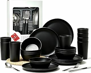 Conjunto de 24 peças de louça preto fosco, tigelas e copos, pratos inquebráveis para 8, utensílios de mesa reutilizáveis sem BPA, podem ser lavados na lava-louças para cozinha, festa