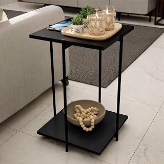 Mesa Lateral Articulada Quadrada para Sofá e Sala Mesa de Apoio com Tampo Duplo para Quarto e Cabeceira(Preta)