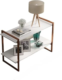 Mesa Lateral Para Sofá Aparador Estante Mesa Lateral Sala em aço com 2 prateleiras(Bronze/Branco)