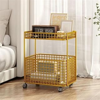 Mesa Lateral De Ferro Forjado, Mesa De Cabeceira, Mesa Lateral Estreita De Sofá De 2 Níveis Com Rodas, Estante Móvel, Carrinho De Utilidades Grande Para Quarto E Casa Com Esp, Gold, One Size