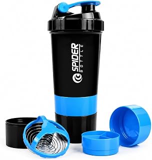 Coqueteleira Shaker 500ml Azul com Misturador em Aço Inoxidável, Tampa Antivazamento, Porta Suplementos para Whey Protein, Creatina, Academia e Fitness