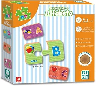 Brinquedo Descobrindo Alfabeto, Coleção Be a Bá, 52 Peças em Madeira, NIG Brinquedos