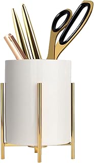 Copo de lápis dourado Moldura de metal resistente com suporte de caneta de cerâmica branca para mesas e suportes de utensílios de cozinha