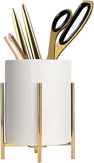 Copo de lápis dourado Moldura de metal resistente com suporte de caneta de cerâmica branca para mesas e suportes de utensílios de cozinha