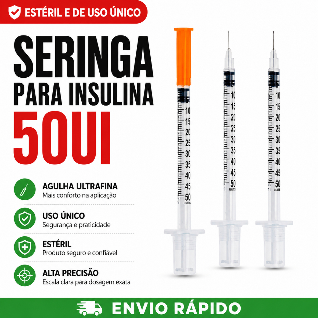 Seringa Insulina 0,5ml Fixa Agulha Fina Ultrafina 0,30mm x 8mm Graduada Estéril Descartável 50ui