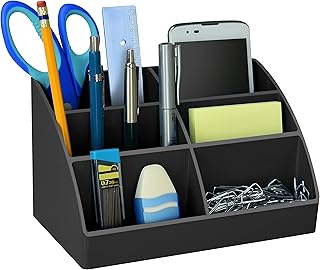 Acrimet Organizador de Mesa 6 Divisórias, Porta Lápis e Canetas, Cor Preto | Design Inclinado, Porta Treco e Acessórios de Papelaria
