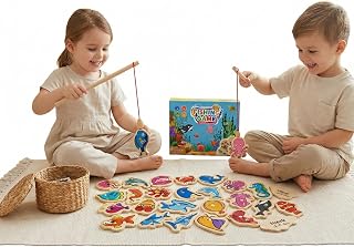 Brinquedo de Madeira Infantil Educativo Montessori Interativo (Peixes Bilíngue)