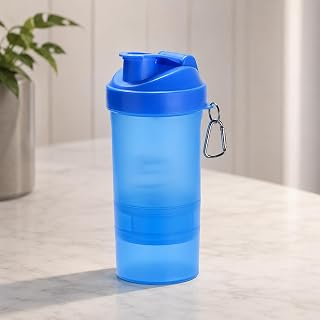 Coqueteleira Shaker 400ml com Compartimento para Suplementos e Divisórias + Copo Extra 100ml, Ideal para Whey Protein, Academia e Treinos Fitness – Qualidade Premium LNMAX® (Azul)
