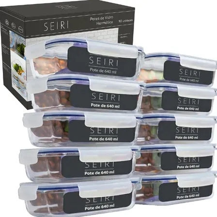 Kit 10 Pote De Vidro Marmita Hermético 640ml Freezer Fitness Borossilicato 4 Travas Micro-ondas