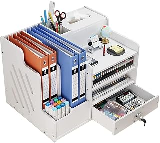 Organizador de Mesa com Gavetas,Organizador de Escritorio Oficina para Papéis, Material de Escritório e Papelaria, Bandeja de Mesa Branca para Artigos de Papelaria