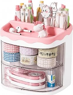 Porta Lápis Organizador de Mesa com 2 Gavetas e Compartimentos Multiuso para Canetas, Papelaria, Maquiagem e Escritório, Rosa