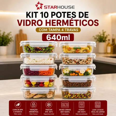 Kit 10 Potes Hermeticos Vidro 640ml Starhouse Marmita Forno Micro-ondas Airfryer com 4 travas d