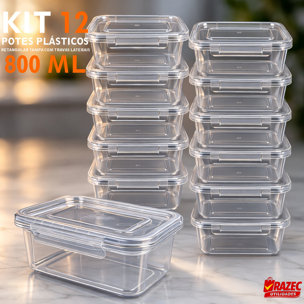 Kit Com 12 potes 800ml Tampa Com Trava Marmita Fitness Lavavel Freezer Microondas Durável BPAFree