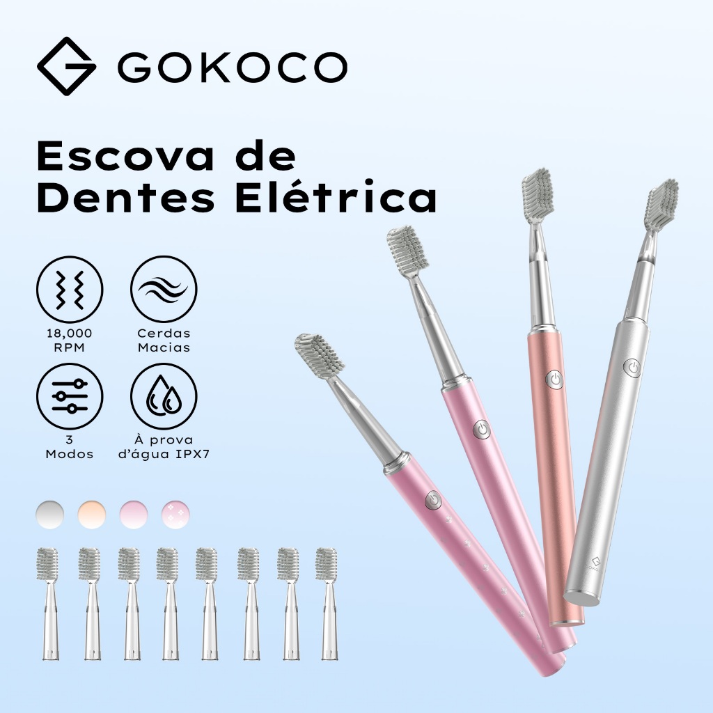 GOKOCO Escova de Dentes Eletrica 18000RPM 3 Modos  são ajustáveis A prova d'agua IPX7