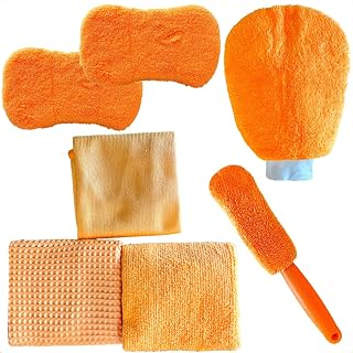 Kit Limpeza Lavagem Automotiva Luva Microfibra Esponja Escova De Rodas Pano Secagem Conjunto 7 Peças Para Lavar Lavação Carro Moto Profissional Anti Riscos (7, Laranja)